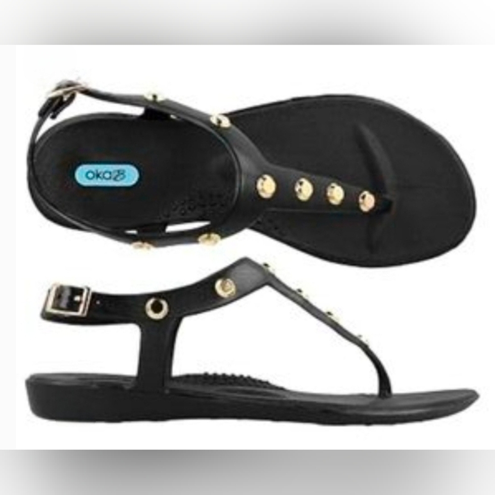 Oka B Black/Gold Studded T-Strap Sandals SIZE 7 EXCELLENT CONDITION SEE PICS!